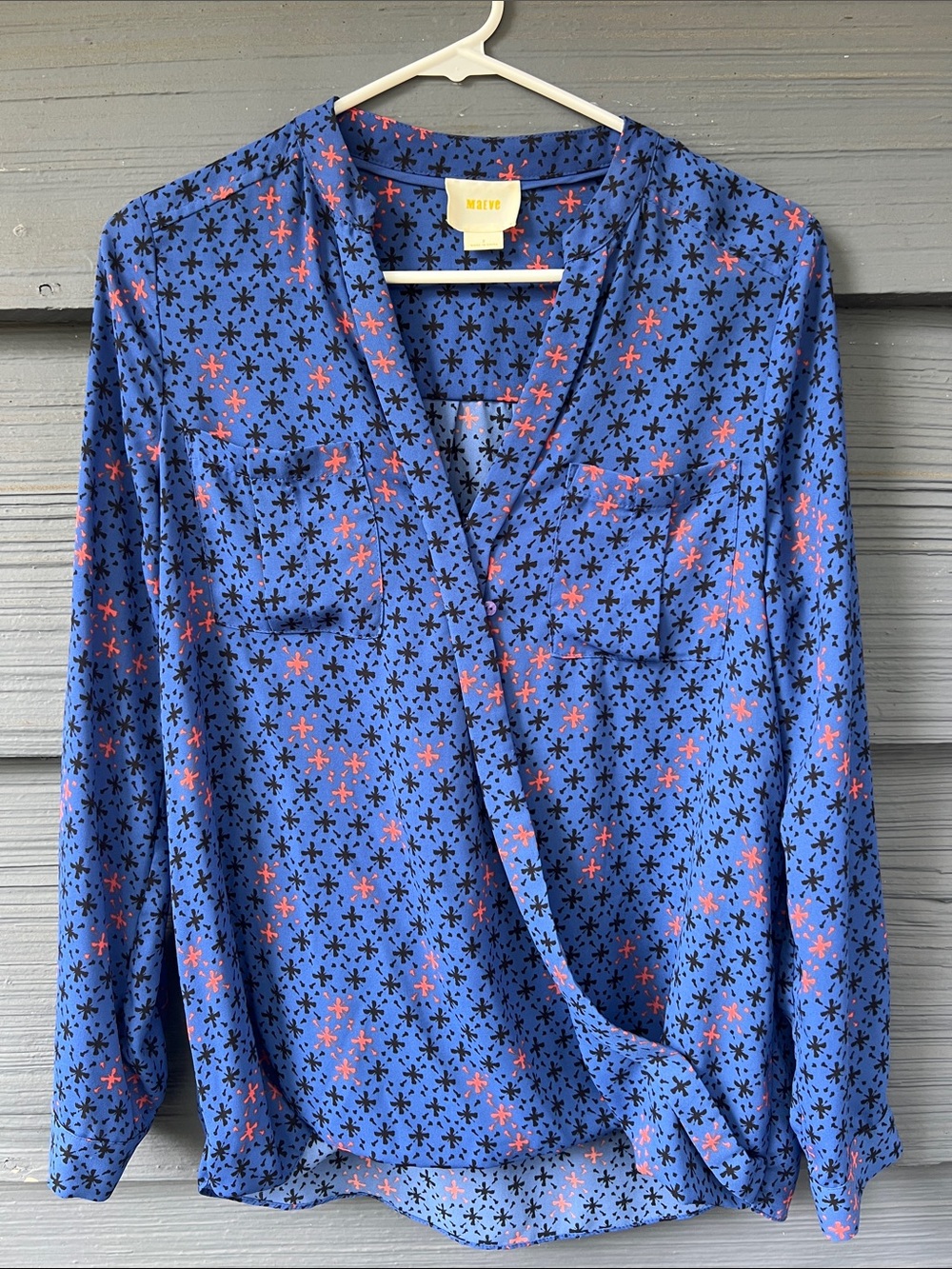 Maeve Blue Wrap-Front Blouse with Pink & Black Starburst Print